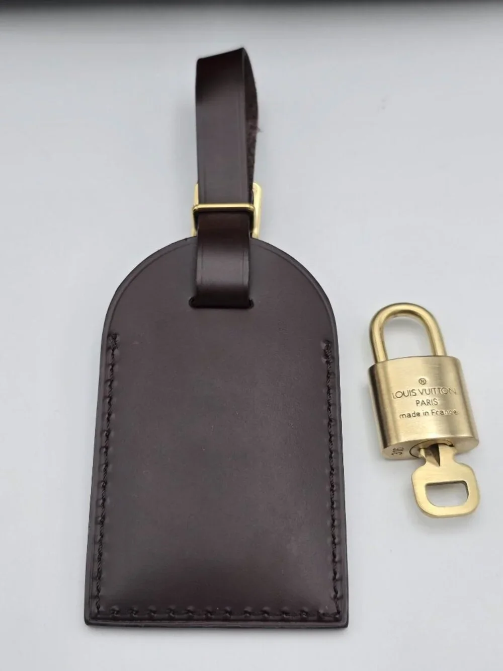 Authentic Louis Vuitton Brown Luggage Tag & Gold Padlock with Key-Made in France